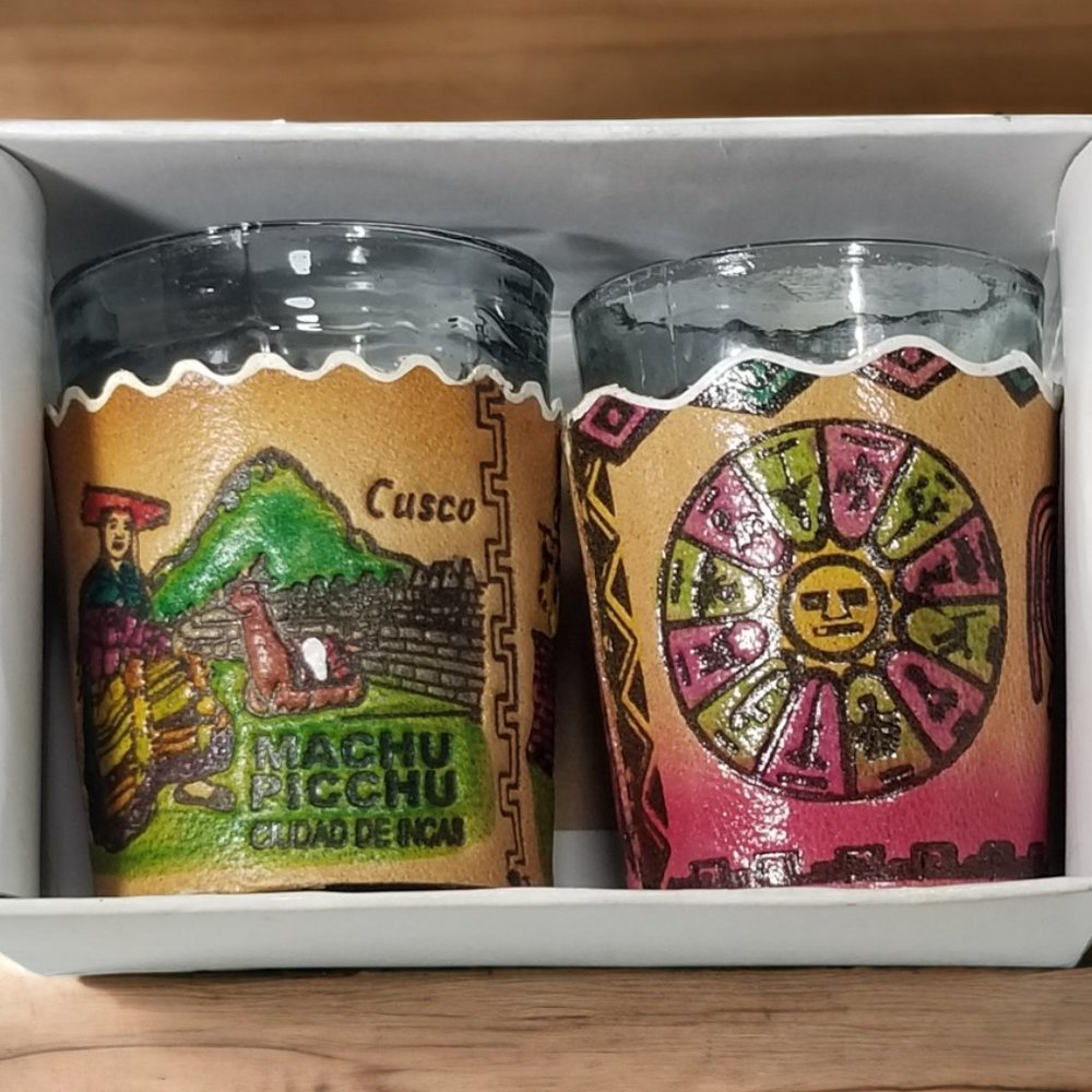 PERU Machu Picchu Souvenir Shot Glasses Leather Covers Artisan Set of 2 - Picture 2 of 9